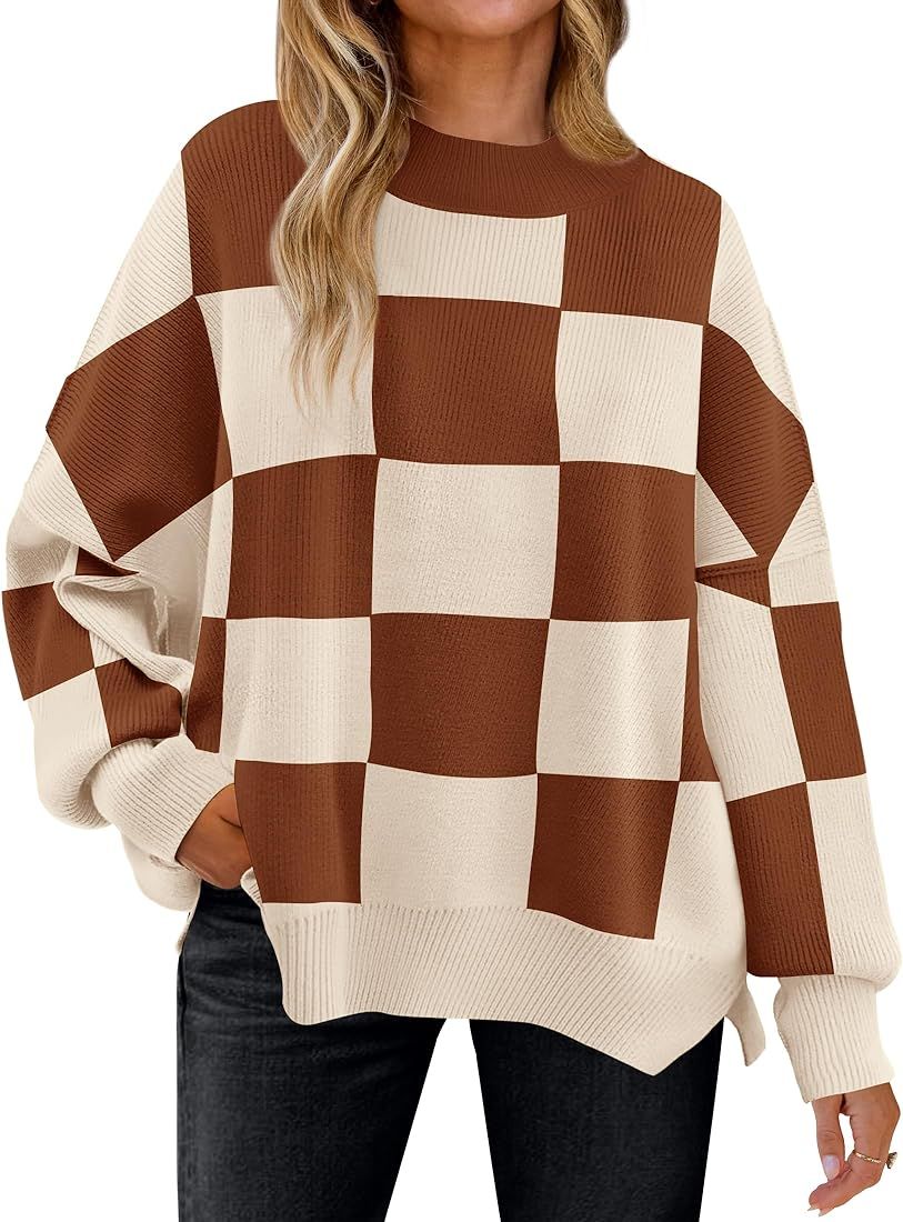 ZESICA Women's Winter Oversized Sweaters Long Sleeve Color Block Mock Neck Side Slit Comfy Loose ... | Amazon (US)
