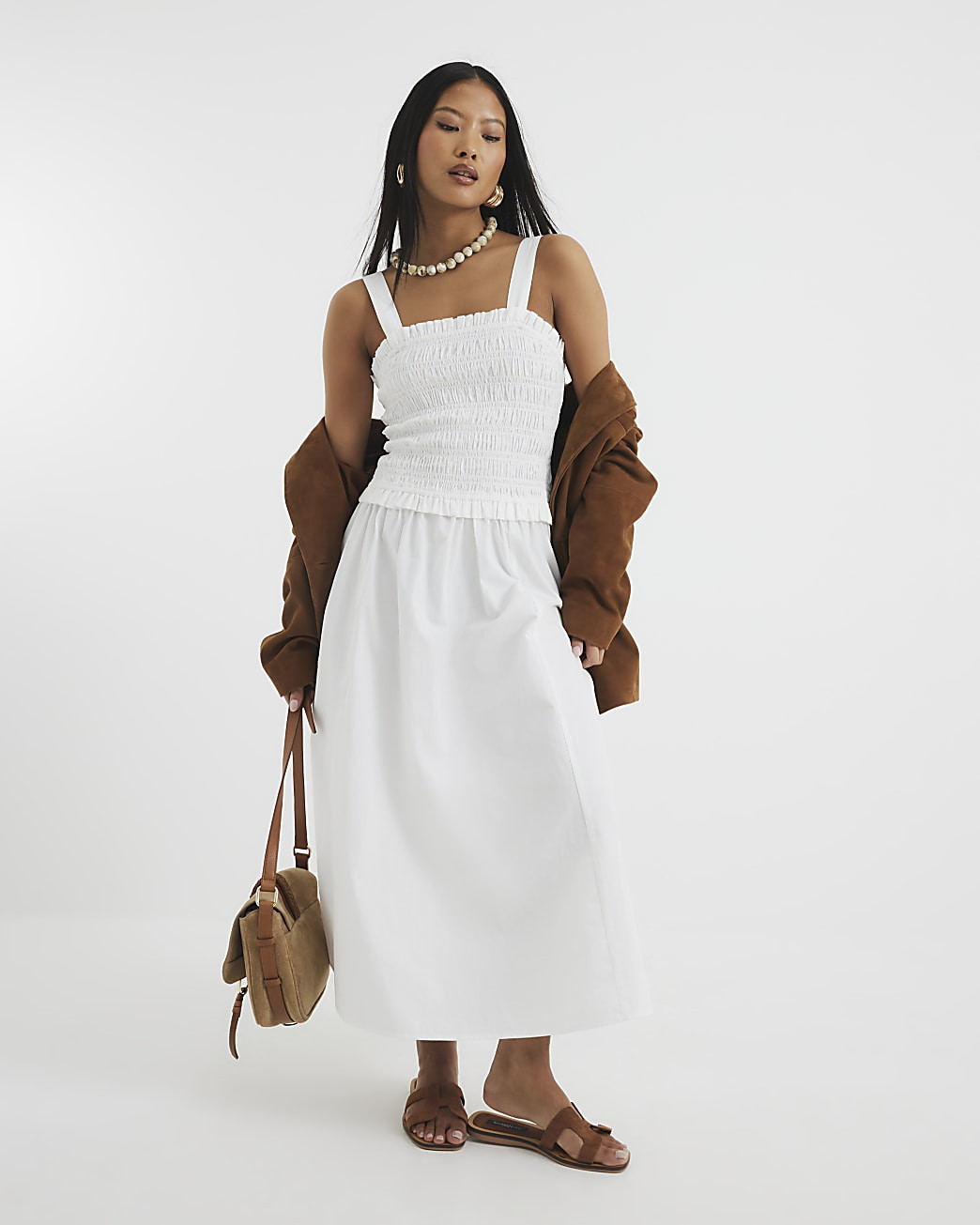 Petite White Shirred Midi Dress | River Island UK & IE