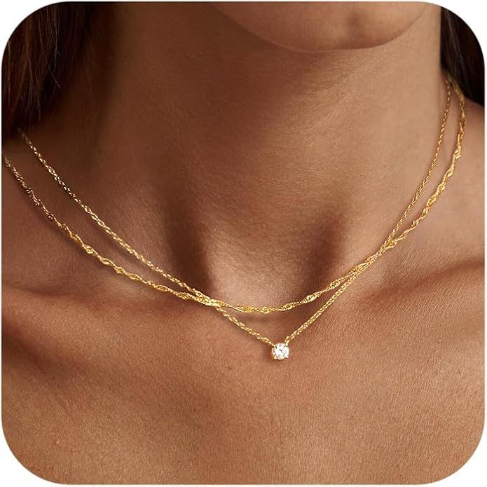 Tewiky Gold Necklace, Dainty Gold Layered Gold Plated Diamond Necklaces Simple CZ Solitaire Penda... | Amazon (US)