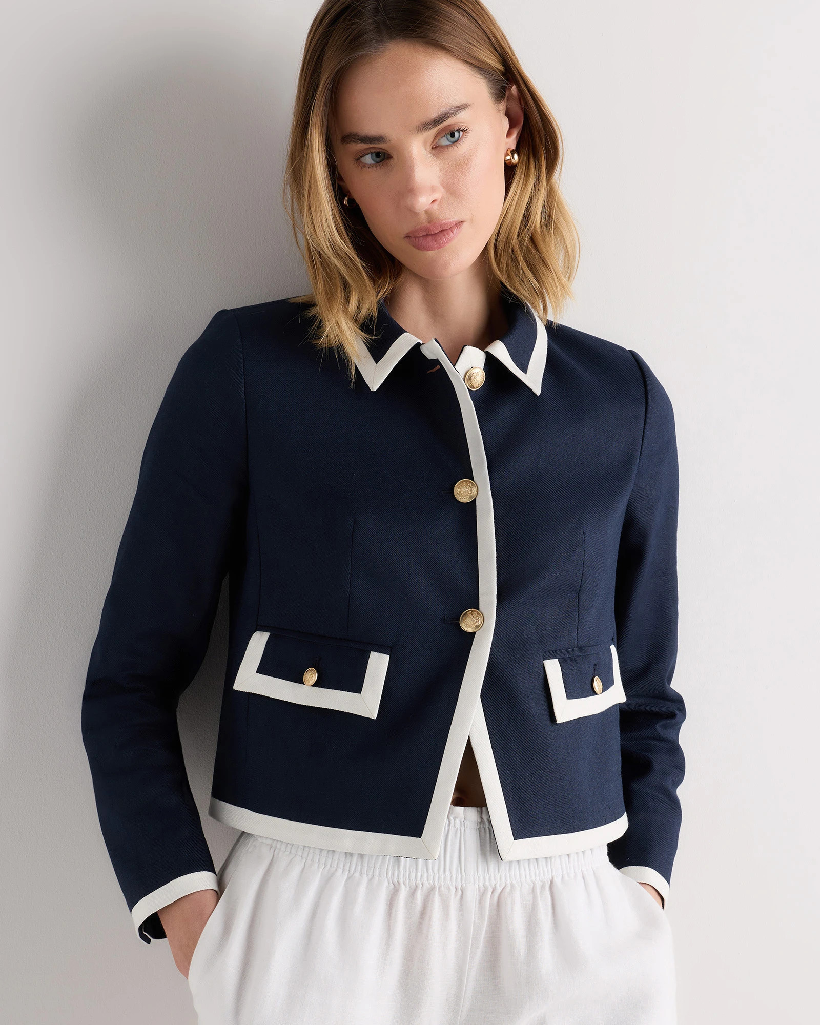 European Stretch Linen Cropped Lady Jacket in Flax/Ivory | Quince