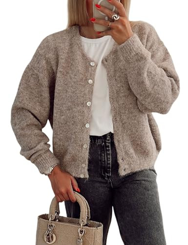 Ynhonra Women's Long Sleeve Front Button Y2k Cardigan Sweaters Crew Neck Loose 2024 Fall Tops(Khaki-L) | Amazon (US)