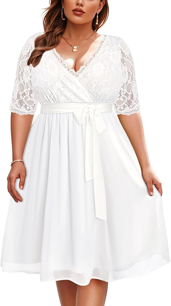 Pinup Fashion Plus Size Lace Chiffon Wrap V Neck Dresses Women Cocktail Wedding Guest Midi Dress | Amazon (US)