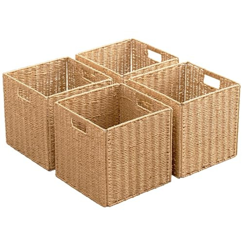 Foldable Storage Baskets with Handles Paper Rope Storage Baskets Rectangle Collapsible Hand Woven Storage Cubes Bins for Organizing Shelves Living Room Bedroom Pantry (4, 13'' x 13'' x 13'') | Amazon (US)