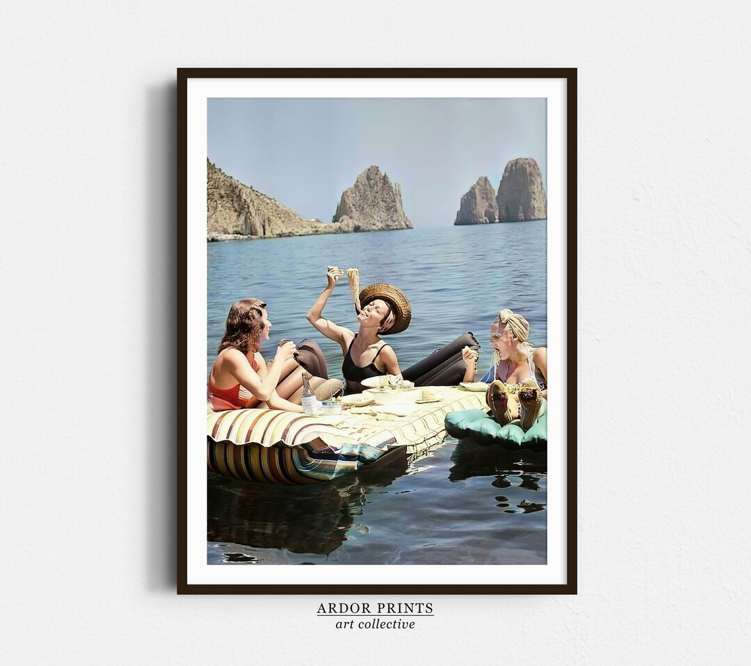 Women Eating Pasta on Water Art, Vintage Girls Eating Spaghetti on Lake Print, Picnic on Floaties... | Etsy (US)