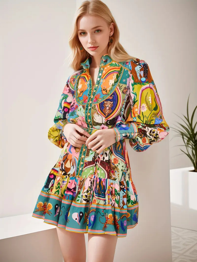 Local warehousevintage dress - Allover Print Button Front Dress - Vintage Tied Waist, Lantern Sle... | Temu Affiliate Program