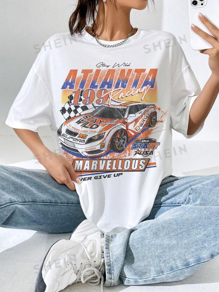 SHEIN EZwear Casual Simple Race Car Pattern Round Neck Ultra Loose Women T-Shirt, Perfect For Spr... | SHEIN