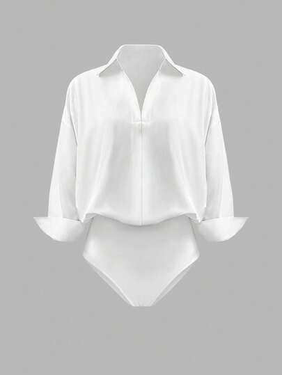INAWLY Plus Size Minimalist Casual Long Sleeve White Shirt Bodysuit Fall Cloth For Women | SHEIN