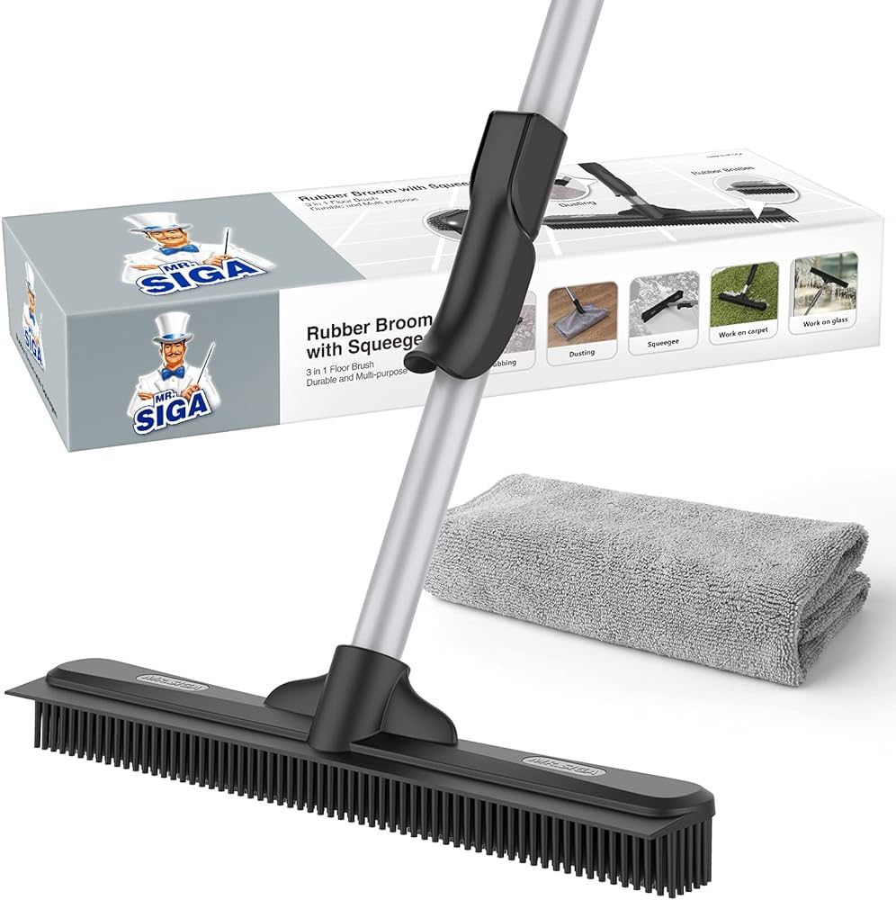 MR.SIGA Pet Hair Removal Rubber Broom with Built in Squeegee, 3 in 1 Floor Brush for Carpet, 61 i... | Amazon (US)