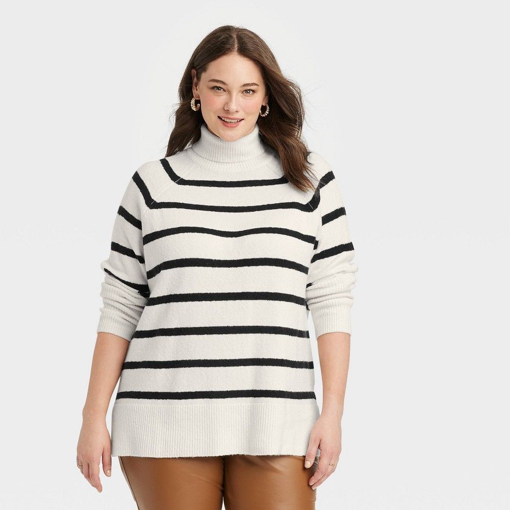 Women's Plus Size Mock Turtleneck Tunic Sweater - A New Day Cream Striped 2X, Ivory Striped | Target