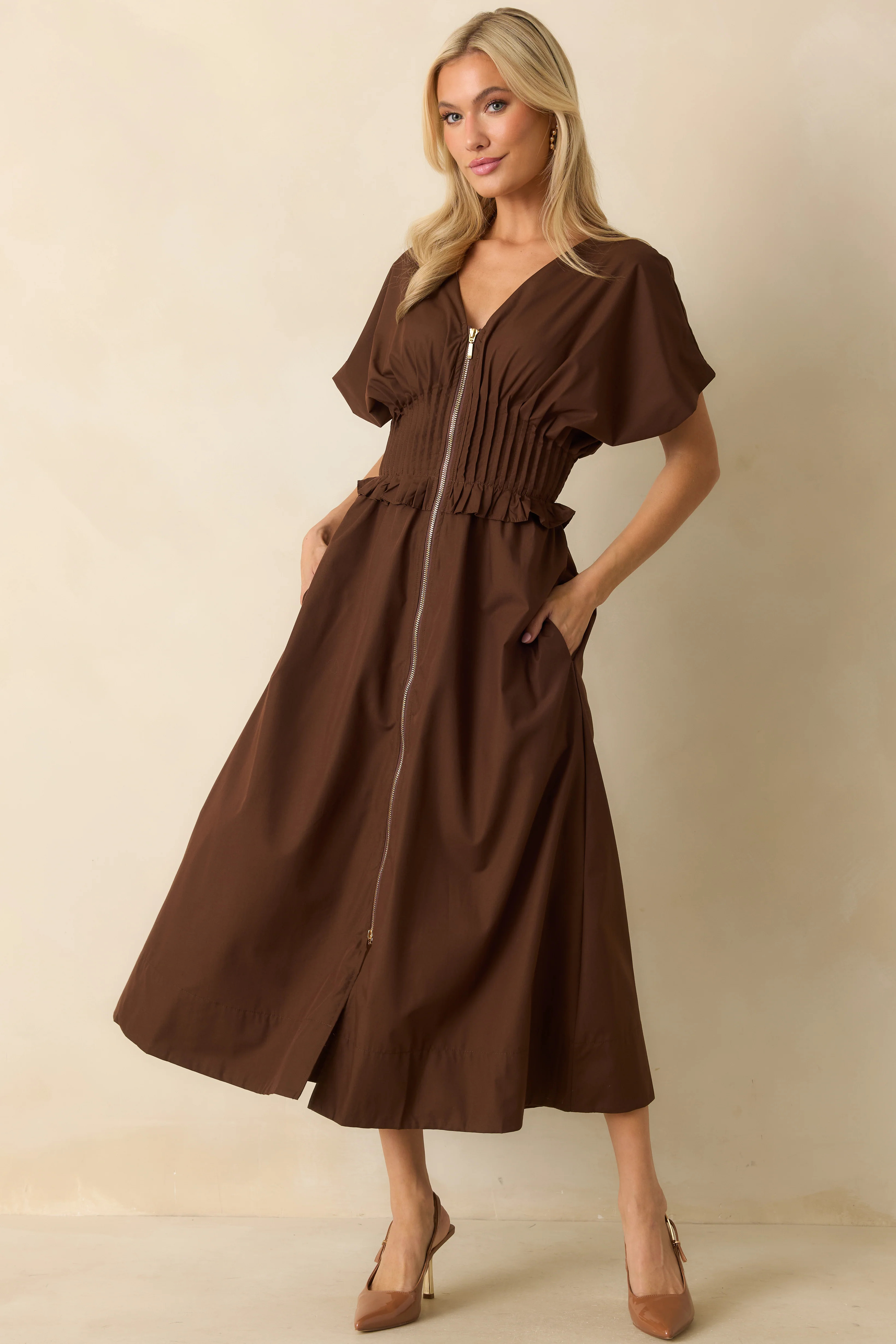 Let It Be Easy Brown Smocked Waist Zip Maxi Dress | Red Dress