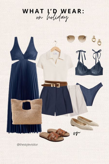 Holiday edition! From bikini to sight seeing outfit to dressy in the evening. Thought I’d suggest a few holiday looks in one that are easy to combine. Read the size guide/size reviews to pick the right size.

Leave a 🖤 to favorite this post and come back later to shop

#holiday outfit #navy dress #navy bikini #shorts #bermuda shorts #slippers #sandals #belt #sunglasses #summer #spring 

#LTKstyletip #LTKeurope #LTKSeasonal