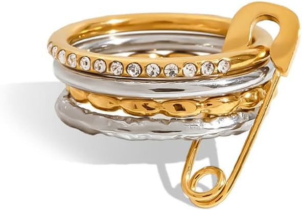 Safety Pin Stackable Rings for Women Men Titanium Steel Silver/Gold Tone Crystal Cubic Zirconia M... | Amazon (US)