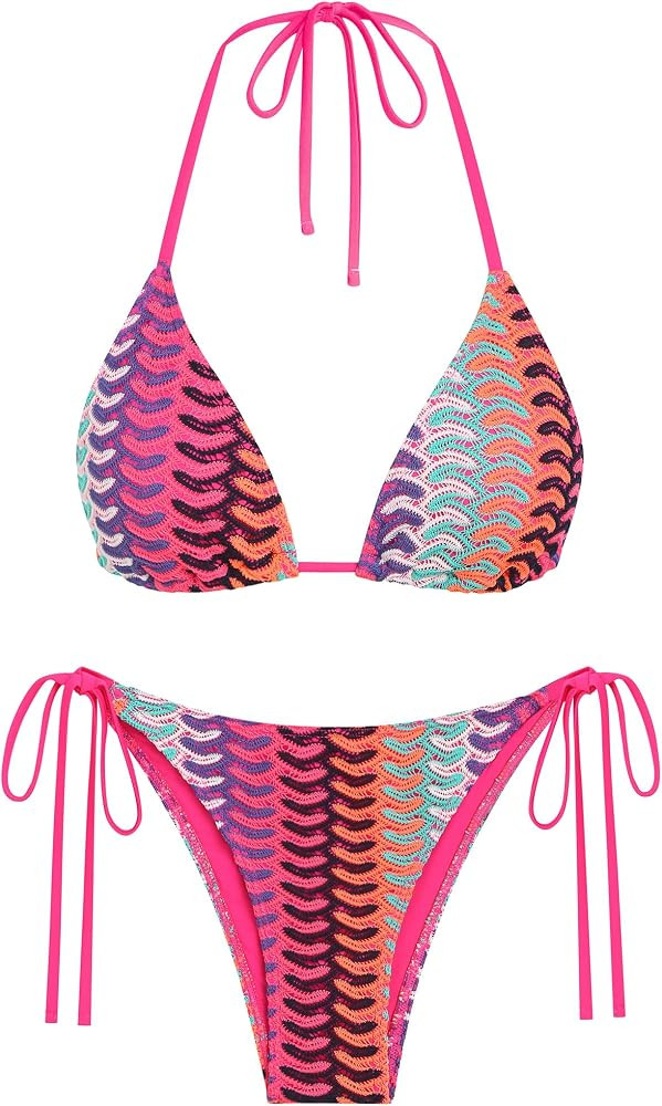 ZAFUL Textured Halter Bikini for Women 2 Piece Triangle Bikini Sets Sexy High Cut Bathing Suit Si... | Amazon (US)