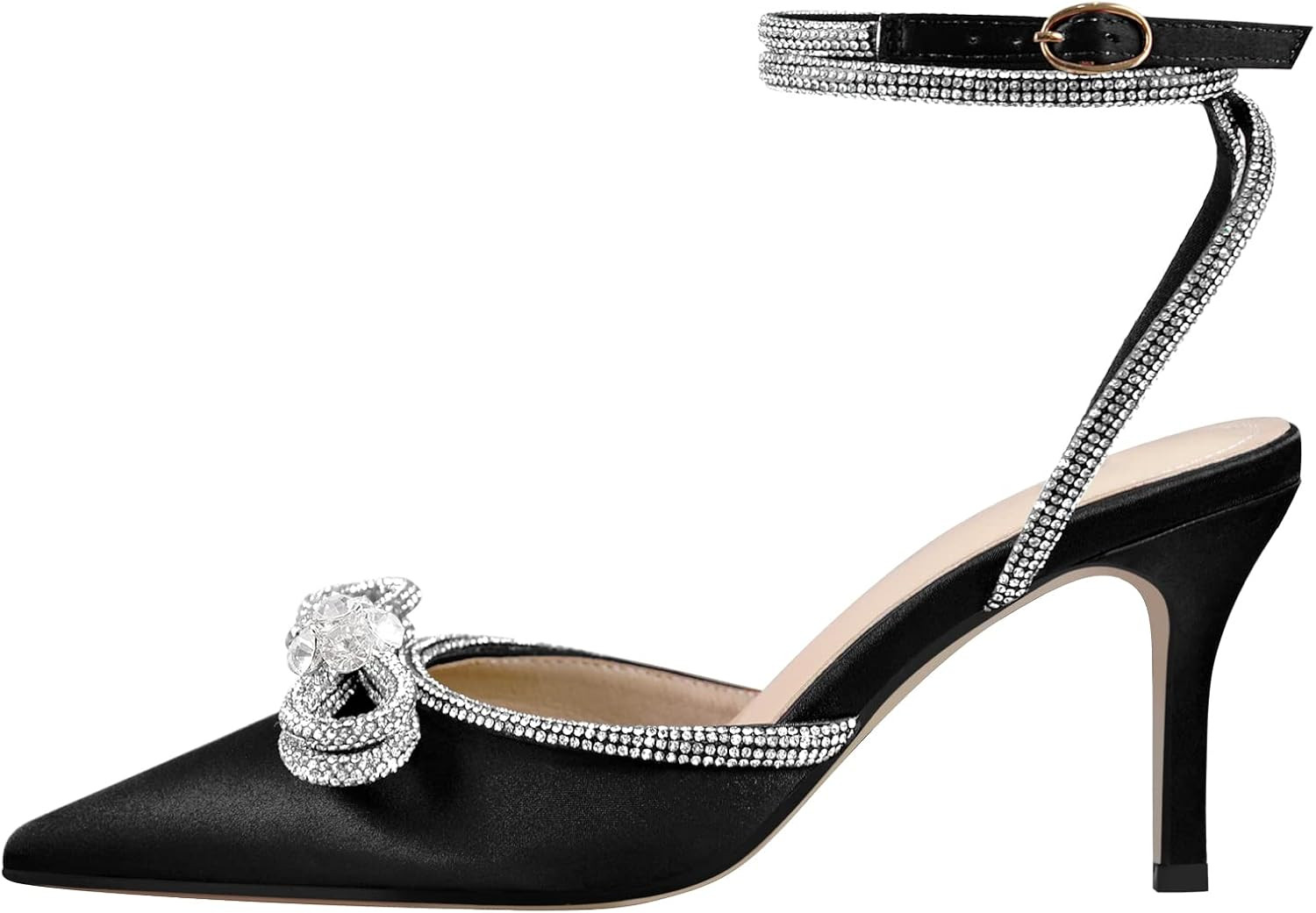 onlymaker Women's Pointy Toe Satin High Heels Ankle Strap Rhinestone Stilettos Bowknots Wedding S... | Amazon (US)