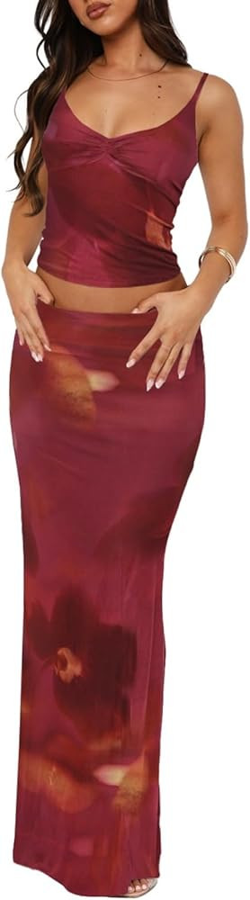 Two Piece Skirt Set for Women - Sexy Sleeveless Spaghetti Strap Pleated Tank Top Maxi Long Skirts... | Amazon (US)