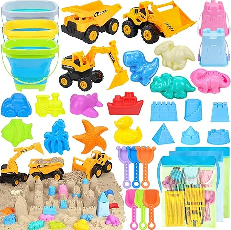Beach Toys, 35Pcs Sand Toys, Sandbox Toys with 3 Truck 3 Collapsible Beach Bucket, Sand Castle To... | Amazon (US)