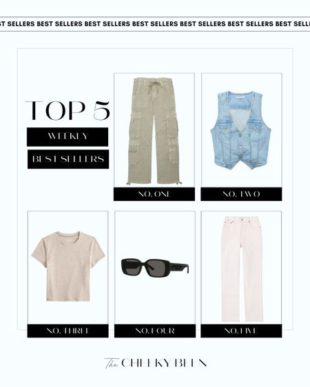 Top 5 weekly best sellers. So many great staples for spring. I love these American Eagle cargo pants and denim vest. This Abercrombie baby tee and white denim are perfect for a casual look. I love these Dior rectangle sunglasses just in time for summer. 

#LTKstyletip #LTKSeasonal #LTKbeauty