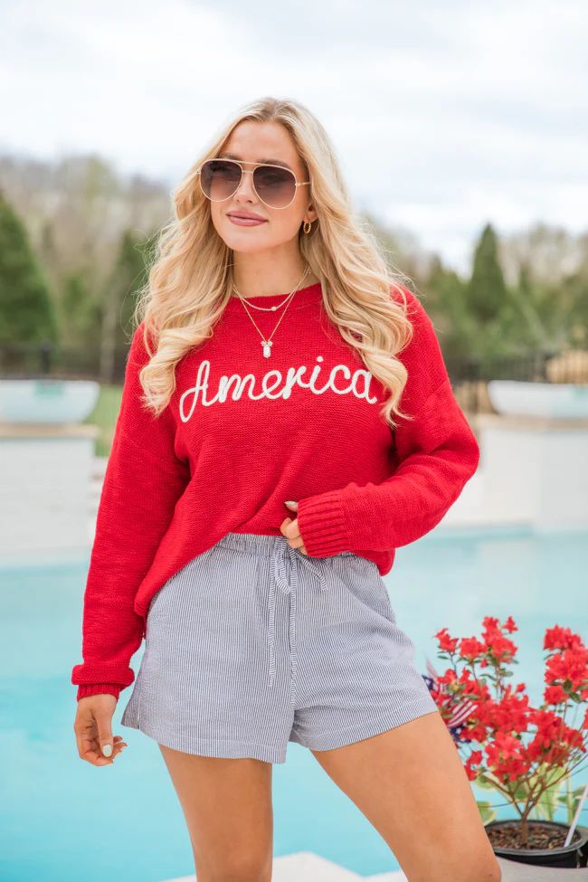 Off To The Fireworks Red America Script Striped Sweater | Pink Lily