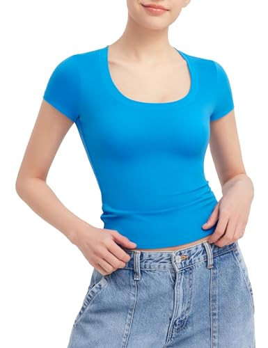 PUMIEY Short Sleeve T Shirts for Women Scoop Neck Top Basic Going Out Crop Tops Summer Slim Fit Tee Shirt Pool, Large | Amazon (US)