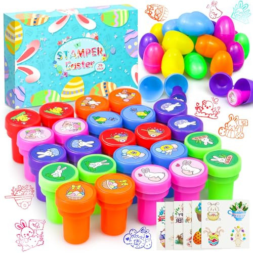 Myouth 24PCS Easter Egg Filled Basket Essentials Pre Fill with Bunny Stampers Toys and Tattoos Stickers Easter Basket Stuffers Party Favors Classroom Prizes Gift | Amazon (US)