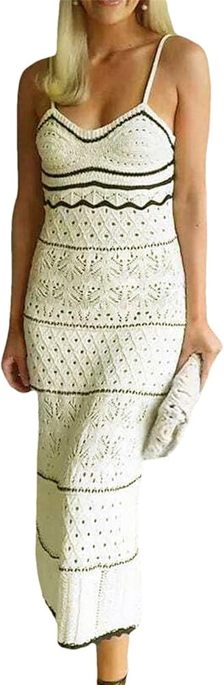 Women Knitted Sleeveless Dress Contrasting Color Summer Spaghetti Strap V Neck Party Dress | Amazon (US)