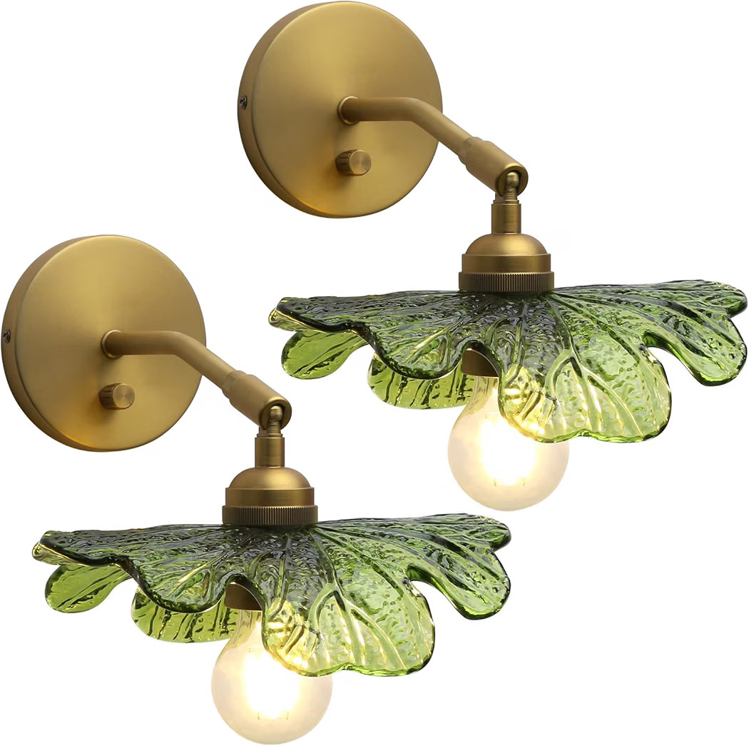 2-Pack Brass Glass Vanity Wall Sconce with Green Flower Shade, Vintage Industrial Boho Indoor Set... | Amazon (US)