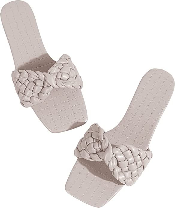 LAICIGO Women’s Squared Open Toe Slide Sandals Braided Single Strap Leather Low Heel Flat Slipp... | Amazon (US)