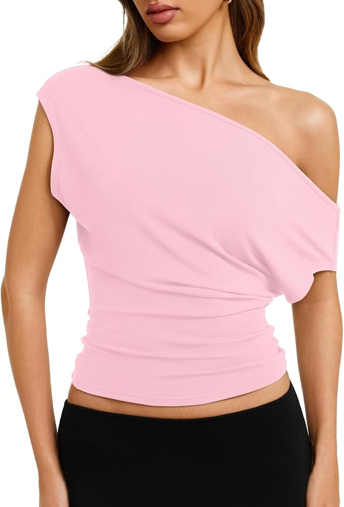 REORIA Womens Cinched Waist Off The Shoulder Tops Cap Sleeve Tee Shirts Casual Loose Summer Outfi... | Amazon (US)