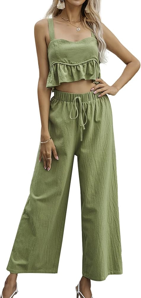 LYANER Women's 2 Piece Outfits Ruffle Trim Sleeveless Backless Crop Top and Drawstring Long Pant | Amazon (US)