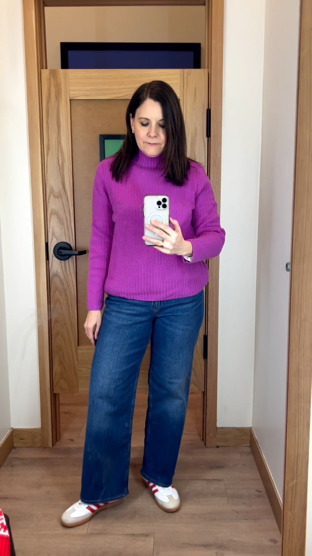 I’ve been eyeing this J.Crew Factory Fuschia mockneck sweater for a few weeks now because the color is gorgeous! Today it’s on sale for 70% off (under $30). This came home with me and Adam will wrap it up for under the tree. I'm wearing a large and needed it in the upper arms to be able to layer a long sleeve tee underneath. It fits small. My Old Navy wide leg jeans fit TTS. I’m in the short length to wear with flats at 5’6”. 

#LTKOver40 #LTKMidsize #LTKSaleAlert