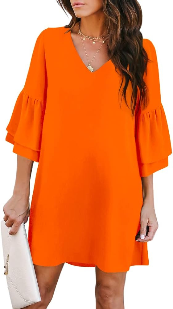 BELONGSCI Women's Dress Sweet & Cute V-Neck Bell Sleeve Shift Dress Mini Dress | Amazon (US)