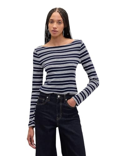 GAP Women's Long Sleeve Boatneck Knit Top, Navy White Stripe, X-Large | Amazon (US)