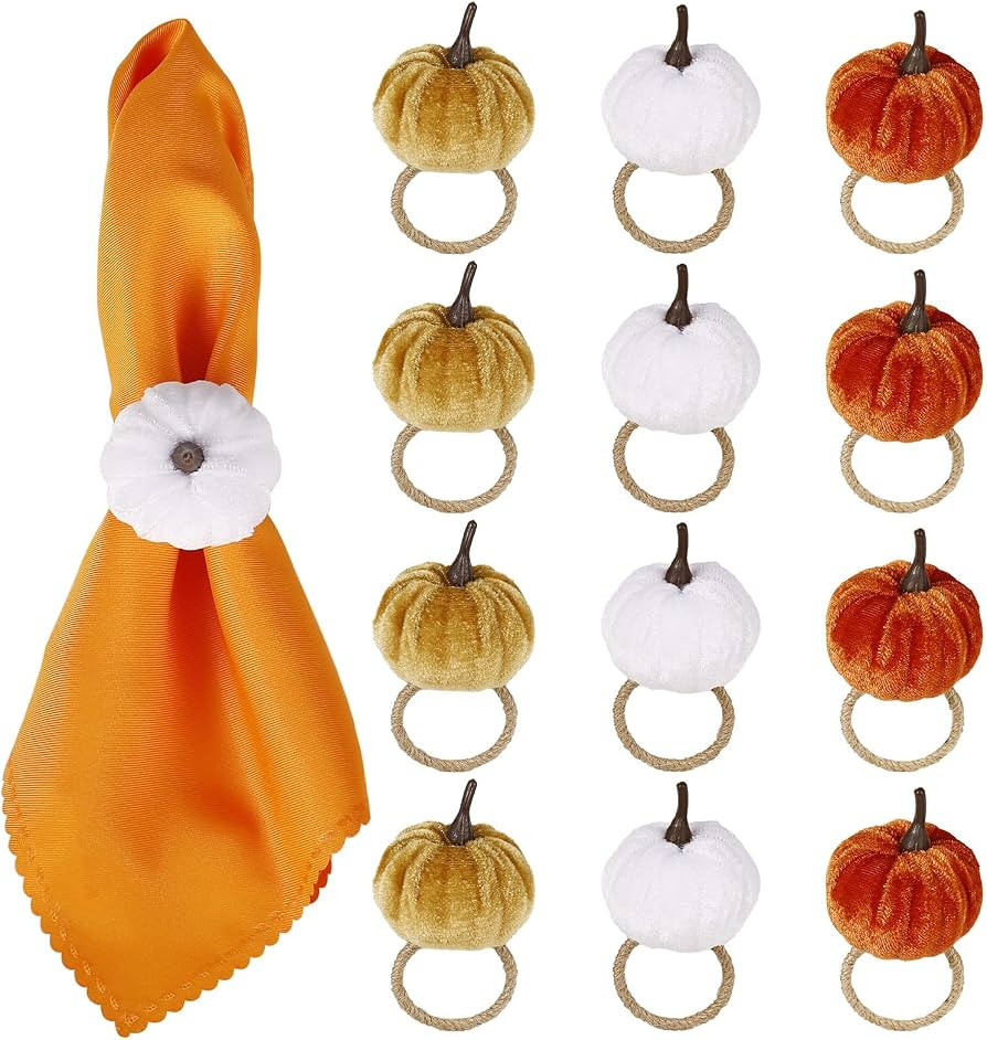 Thanksgiving Velvet Pumpkin Napkin Rings Set of 12 Jute Buckles | Amazon (US)