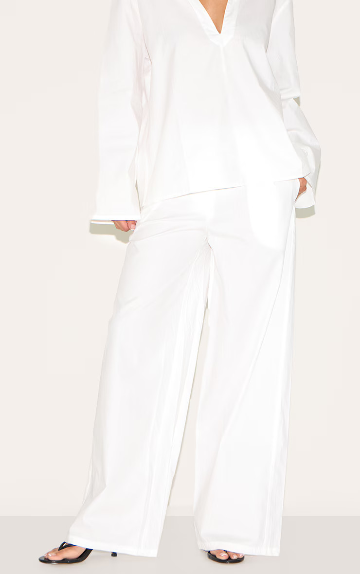 White Cotton Poplin Mid Rise Wide Leg Trousers | PrettyLittleThing UK