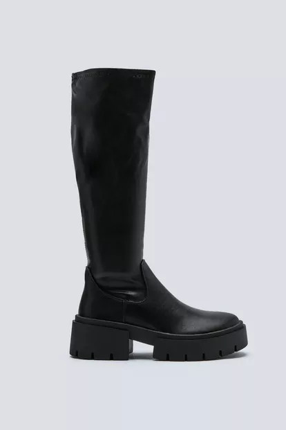 Faux Leather Stretch Knee High Chunky Boots | Nasty Gal (US)