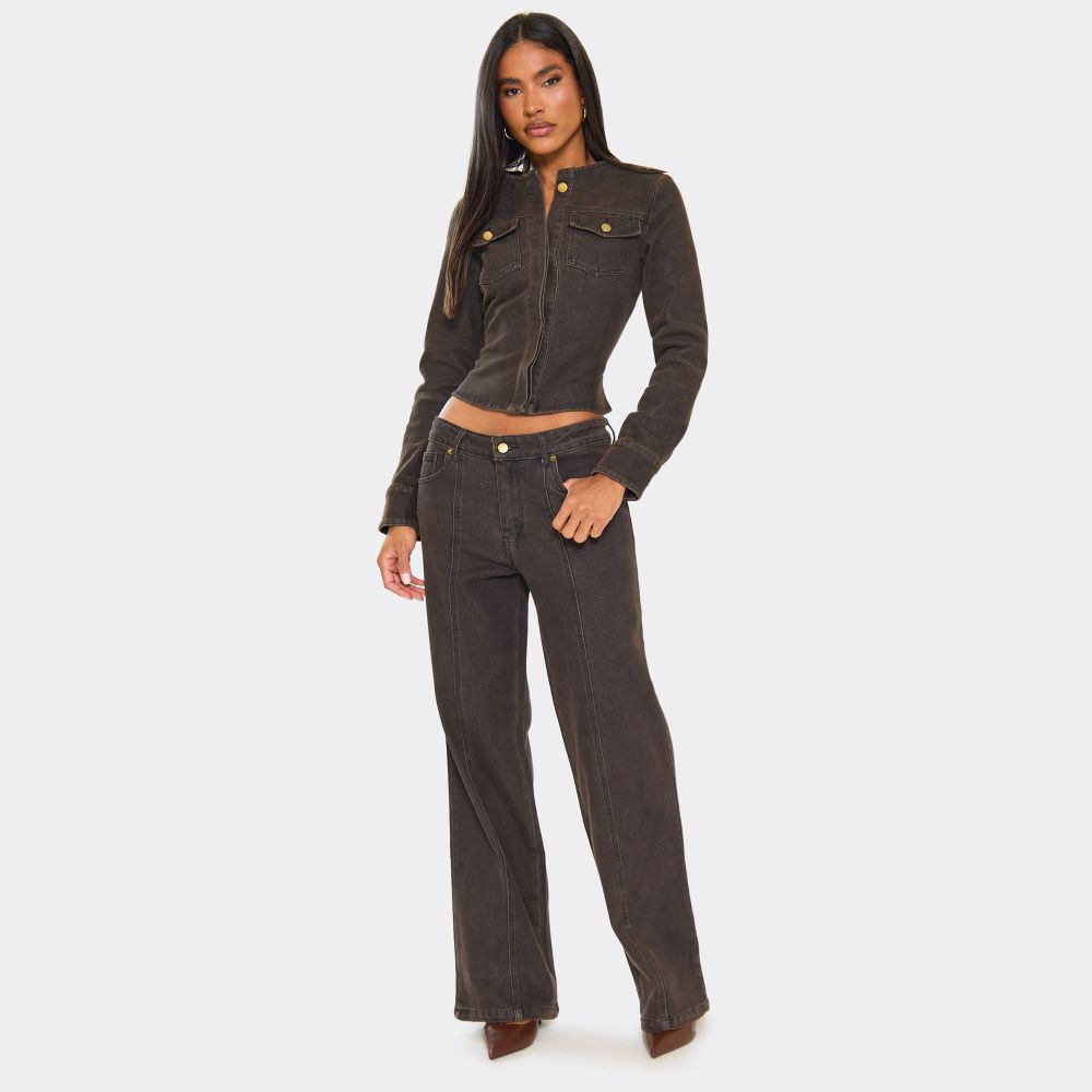 Mid Rise Seam Detail Wide Leg Jeans In Chocolate Brown Denim | EGO (UK)