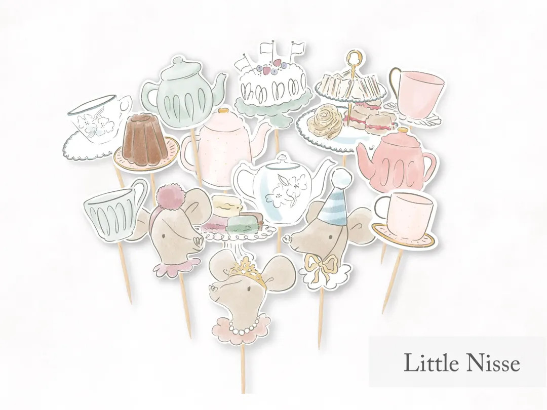 Mice Tea Party Cupcake Toppers, Cute Girls Birthday Decor - Instant Download - Etsy | Etsy (US)