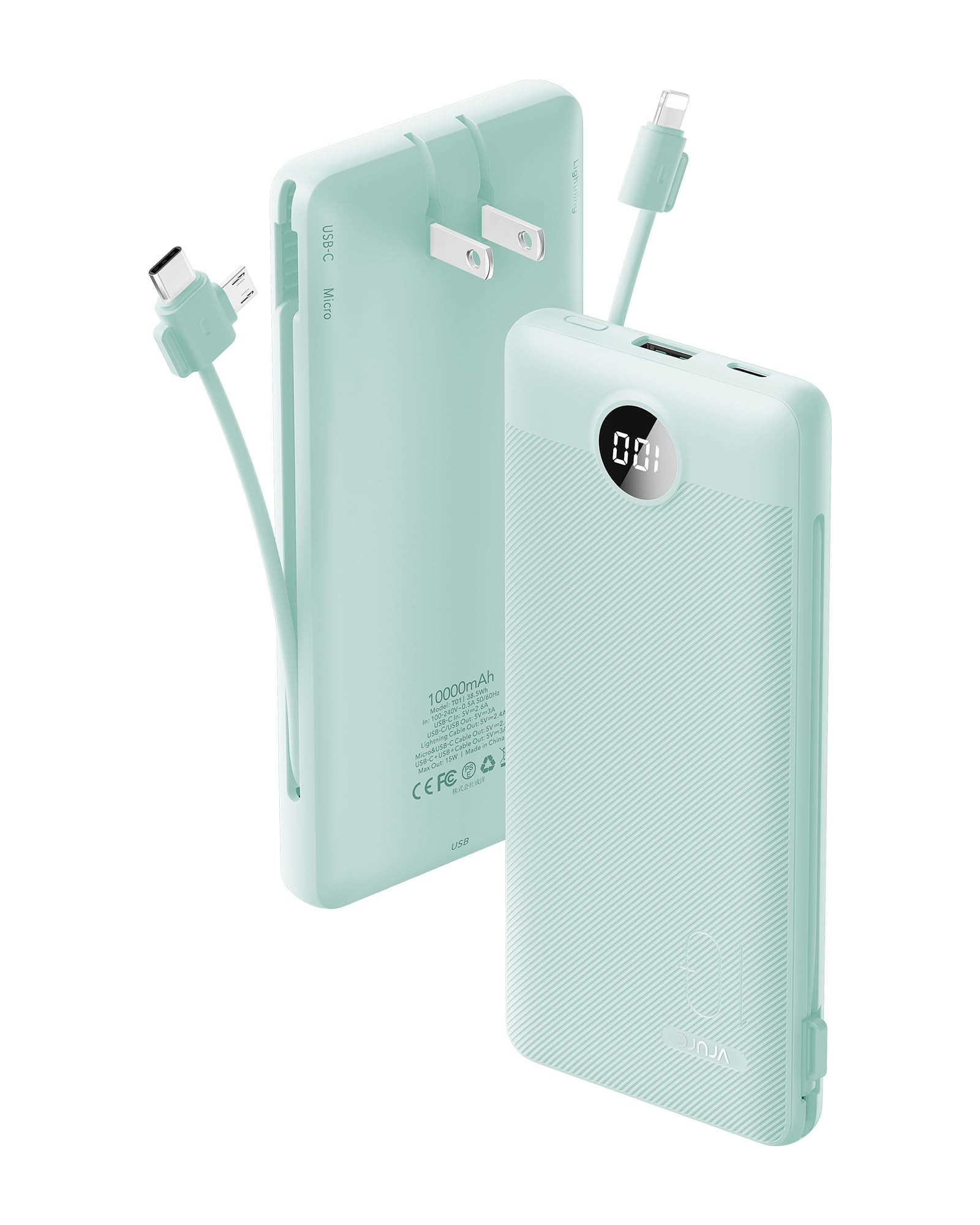 VRURC Portable Charger Built-in Cables and AC Wall Plug, USB C Power Bank 10000mAh, Travel Batter... | Amazon (US)
