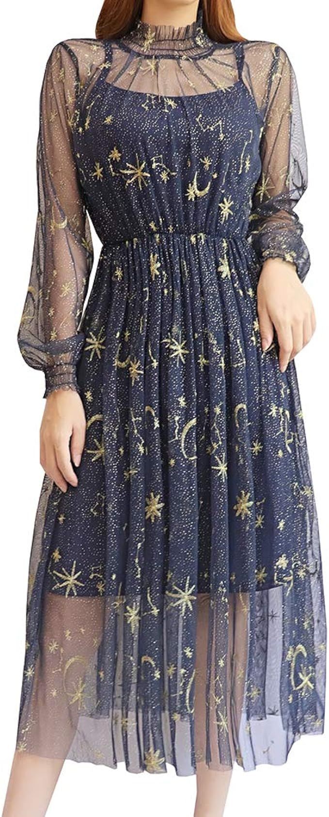 Women Summer Chiffon Dress Stars Moon Print Embroidered Skirt Long Puff Sleeve Princess Dress | Amazon (US)