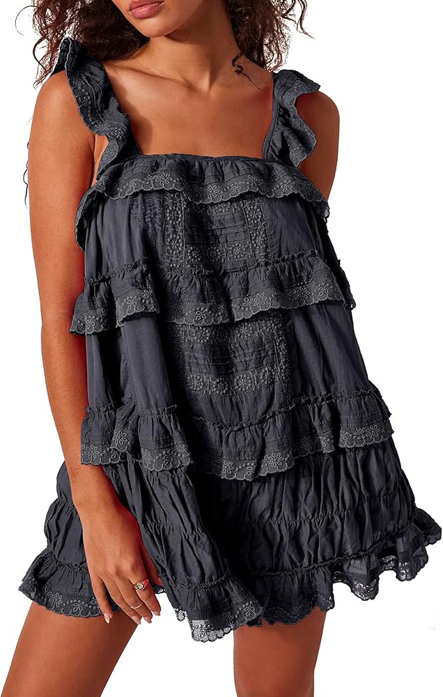 Gacaky Women's Summer Casual Sleeveless Rompers Ruffle Flowy Boho Sun Dress Loose Mini Dress with... | Amazon (US)