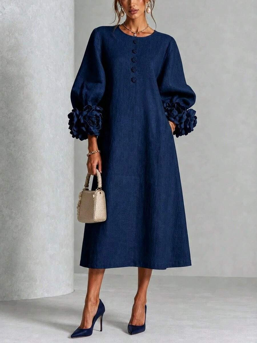 LocalFrench Style 3D Floral Lantern Sleeve Cotton‑Linen Midi Dress | SHEIN