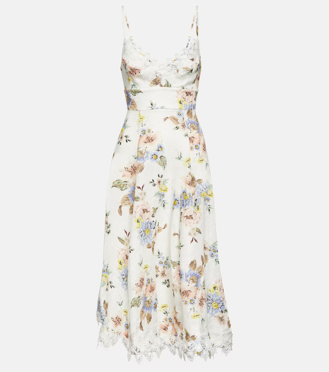 Vestido midi de lino floral con encaje | Mytheresa (INTL)