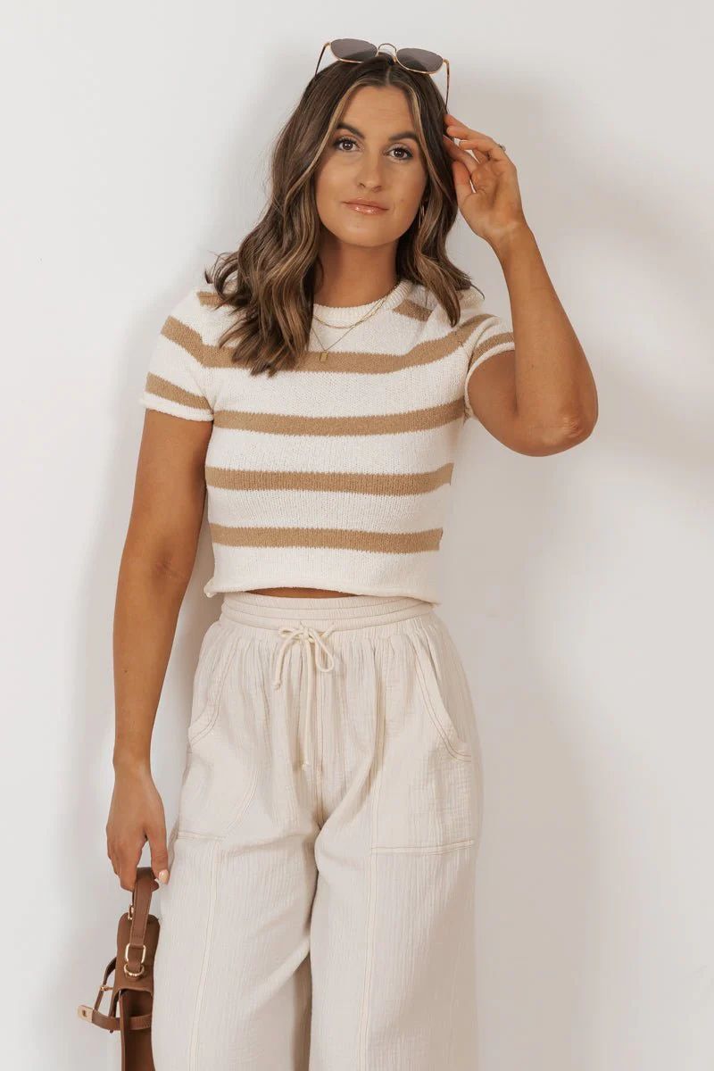 MUSE Tan Striped Short Sleeve Sweater | Magnolia Boutique