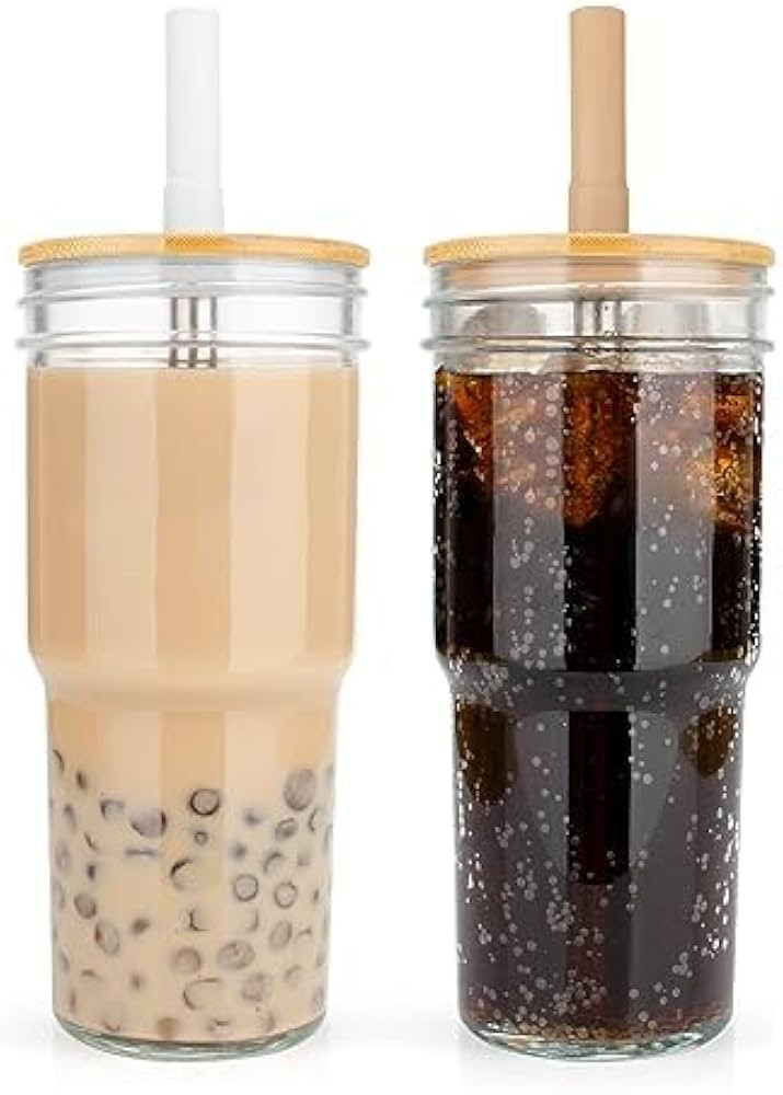 Luxfuel 24 oz Wide Mouth Mason Jar Drinking Glasses with Bamboo Lids and Straws,Reusable Glass Bo... | Amazon (US)