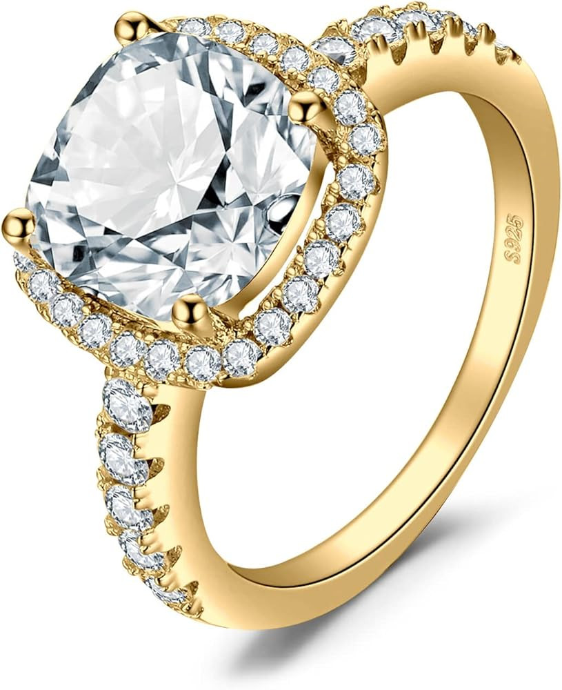 JewelryPalace 3ct Cushion Cut Halo Engagement Rings for Women, 14K Gold Plated 925 Sterling Silve... | Amazon (US)