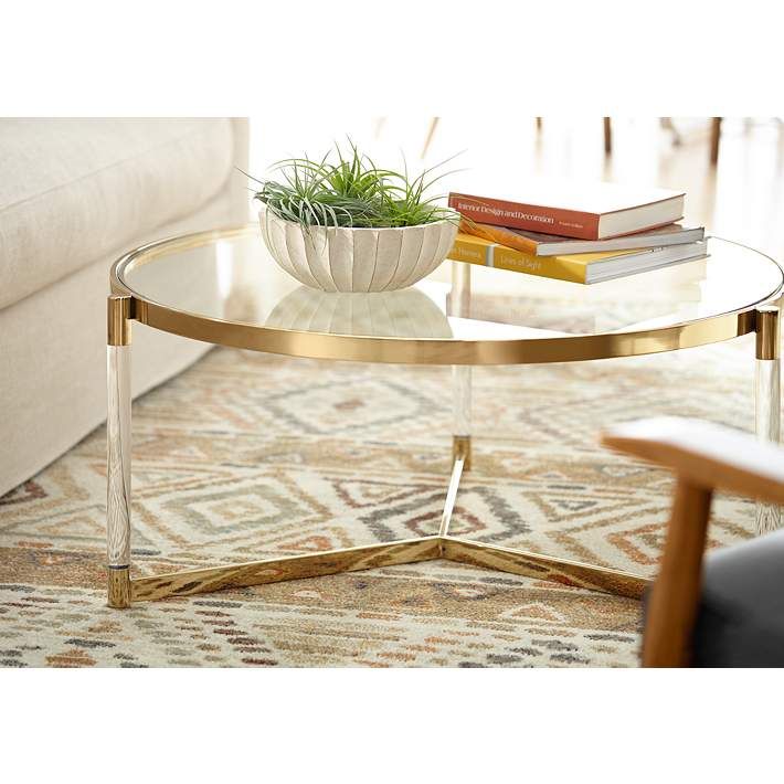 Stefania 36" Wide Gold and Acrylic Modern Coffee Table | LampsPlus.com