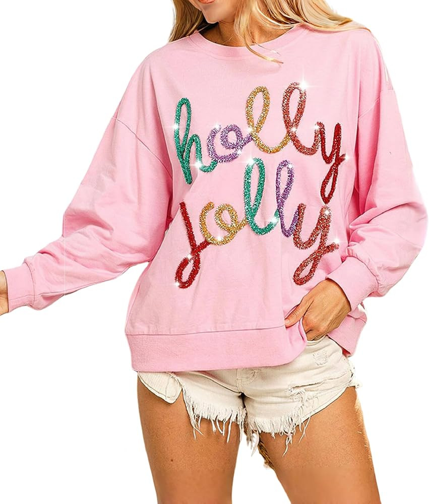 Women Christmas Merry Sweatshirt Colorful Sequin Letter Long Sleeve Pullover Casual Holiday Brigh... | Amazon (US)