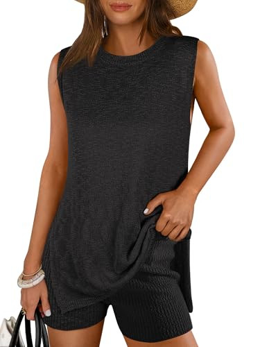 ANRABESS Women Summer 2 Piece Outfits Sleeveless Knit Sweater Top & Shorts Soft Lounge Sets Travel Beach 2026 Spring Clothes Black Medium | Amazon (US)