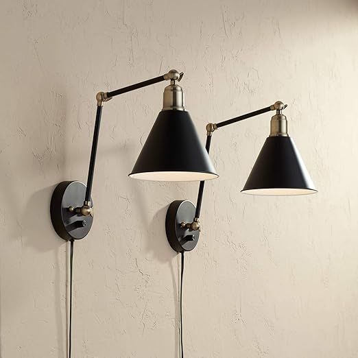 Wray Modern Indoor Adjustable Swing Arm Wall Lamp with Cord Set of 2 Black Antique Brass Plug-in ... | Amazon (US)