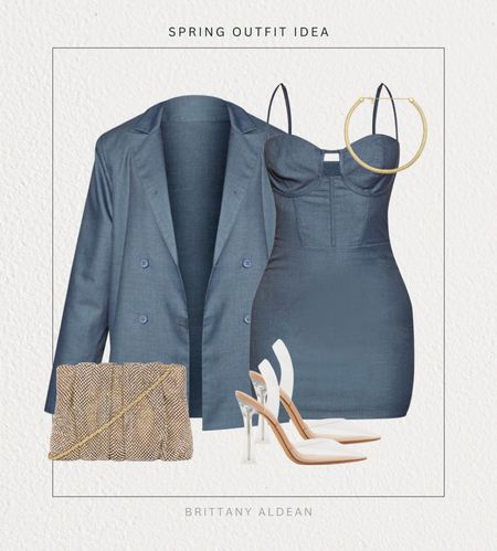 Spring outfit idea from Pretty Little Thing! Blue on blue. 

spring outfit l spring shoes l heels l clear heels l dress l blazer outfit 